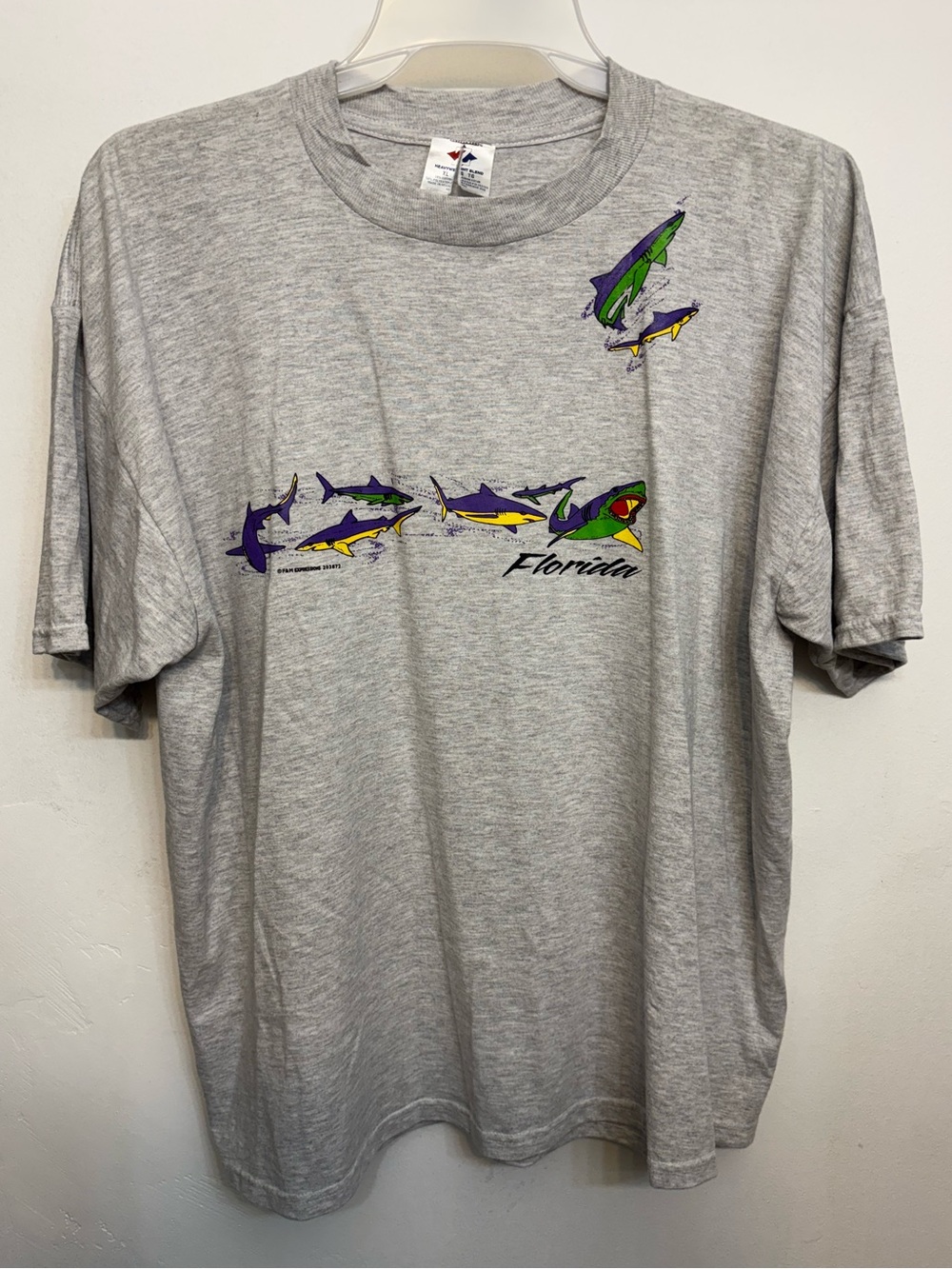 Vintage Jerzees Heavyweight Gray Shark Printed Florida Graphic Tee Mens Size XL